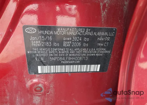 2017 Hyundai Elantra Limited z USA, uszkodzony, nr VIN 5NPD84LF9HH008713